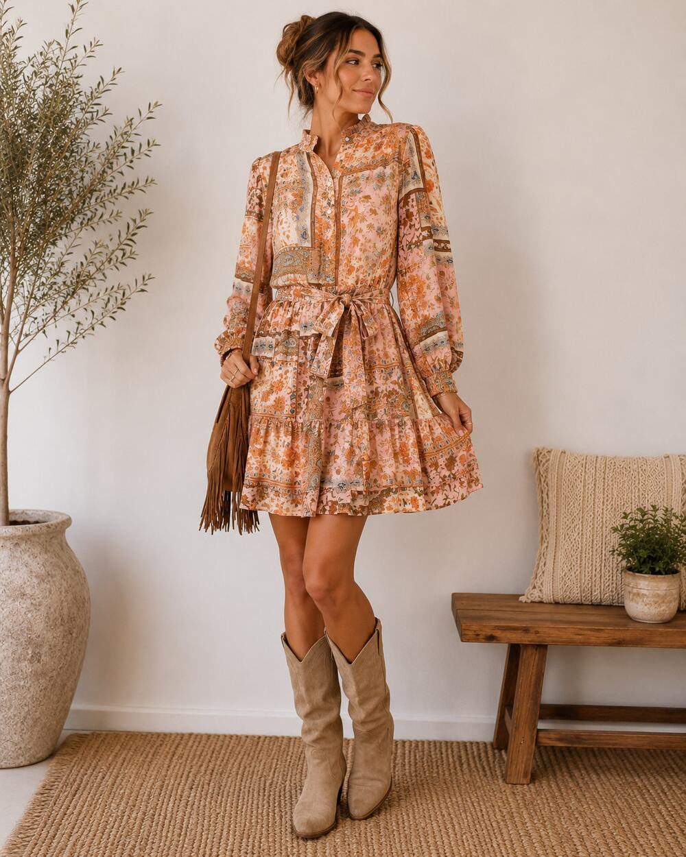 Daydream Patchwork Long Sleeve Mini Dress Women's Sz L Pink Ruffled Collar Boho